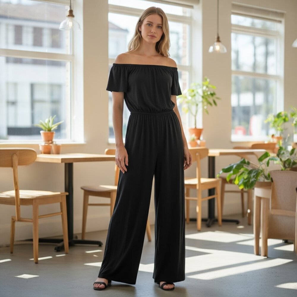 Charles Henry Black Off Shoulder Waisted Wide Leg Palazzo Jumpsuit Size XS